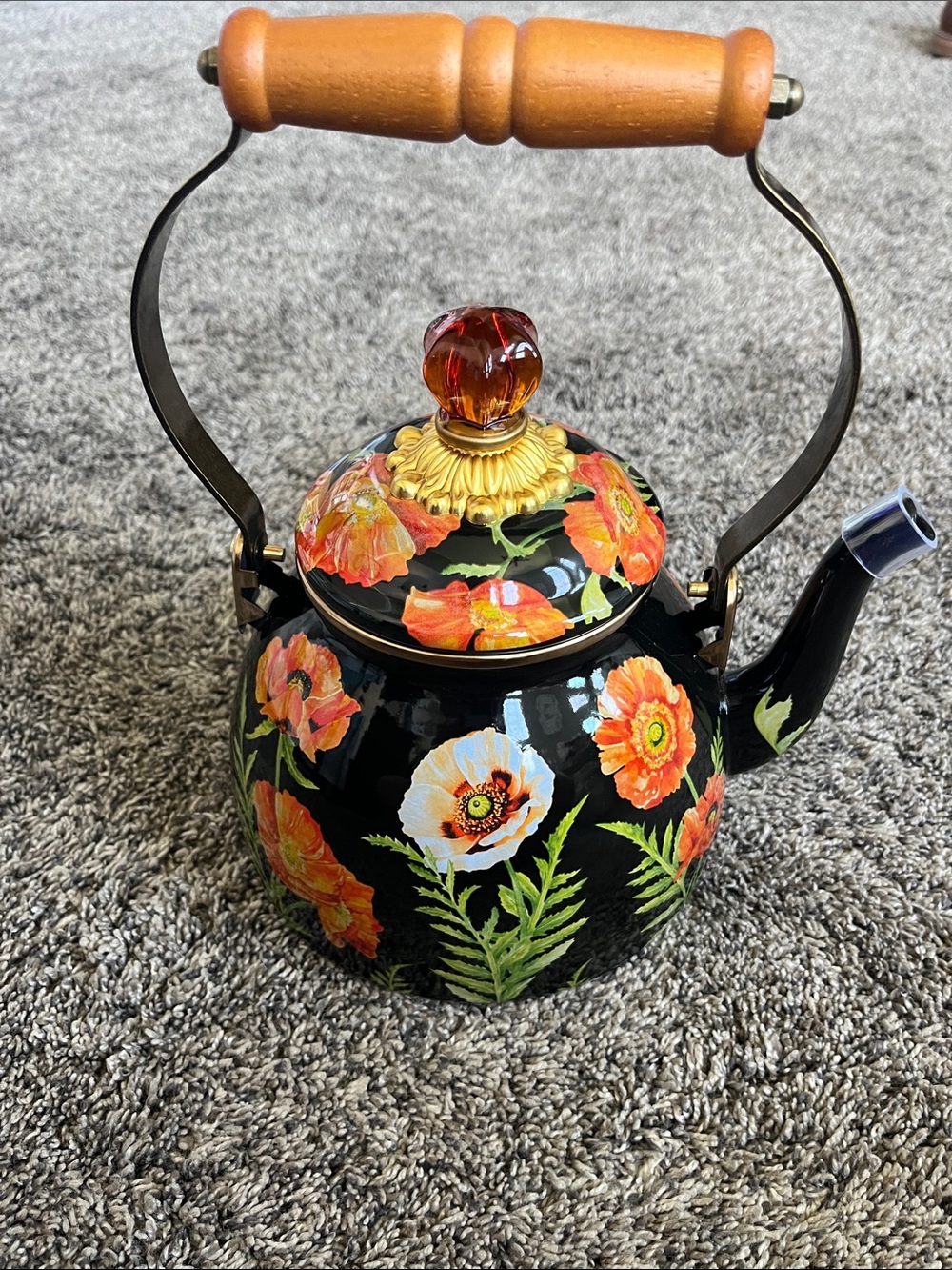 Mackenzie Childs Decorative Black Floral Tea Kettle with Wooden Handle! Poppy
